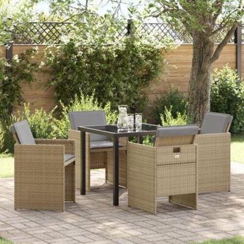 5 Stykke Havemøbel Sæt med Puder Beige Poly Rattan, Havetable Sort 160x80x73 cm Tempereret Glas