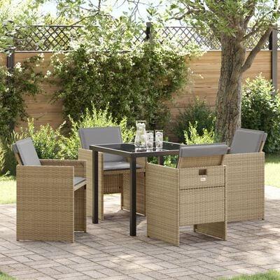 5 Stykke Havemøbel Sæt med Puder Beige Poly Rattan, Havetable Sort 160x80x73 cm Tempereret Glas