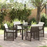 5 Piece Have Spisesæt med Puder Beige Polyrattan, Havebord Sort 80x80x73 cm Tempereret Glas