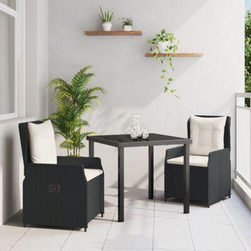 3-delt Have Spisesæt Sort Polyrattan, Havebord Sort 80x80x73 cm Tempered Glass
