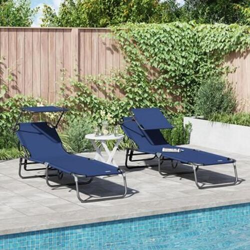 Sammenfoldelige Lounger 2 stk med Parasoll Blå 600D Oxford Stof