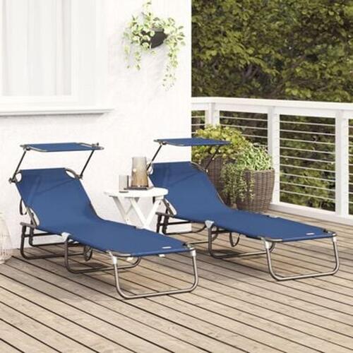Sammenfoldelige Lounger 2 stk med Parasoll Blå 600D Oxford Stof