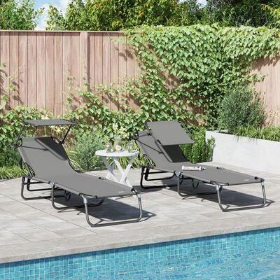 Foldbare solsenge 2 stk med canopy Grå 600D Oxford stof