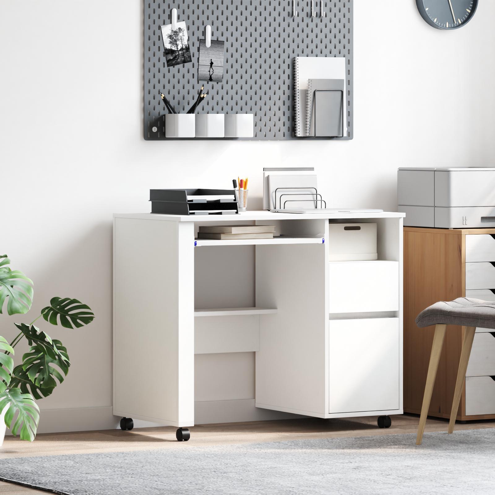 Hvidt Computerbord med Skuffer Hvid MDF, Spånplader Standard