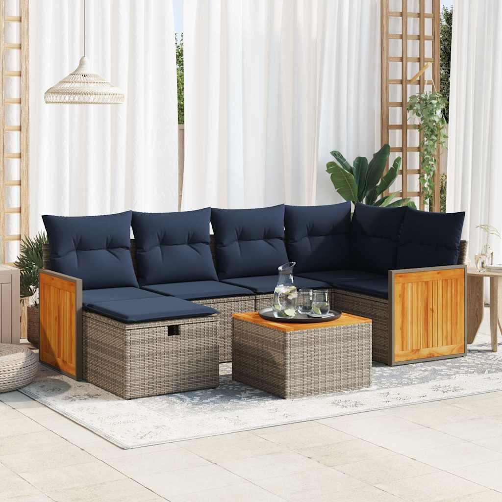 Havesofasæt i polyrattan - 7 dele med marineblå hynder, grå