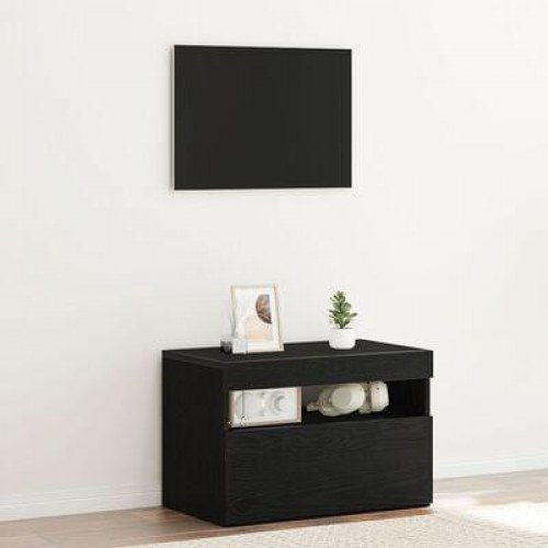 Sengebord med LED lys sort egetræ 60x35x40 cm konstrueret træ
