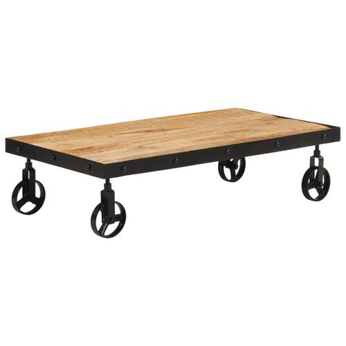 Sofabord med hjul massivt mangotræ 100x55x26 cm
