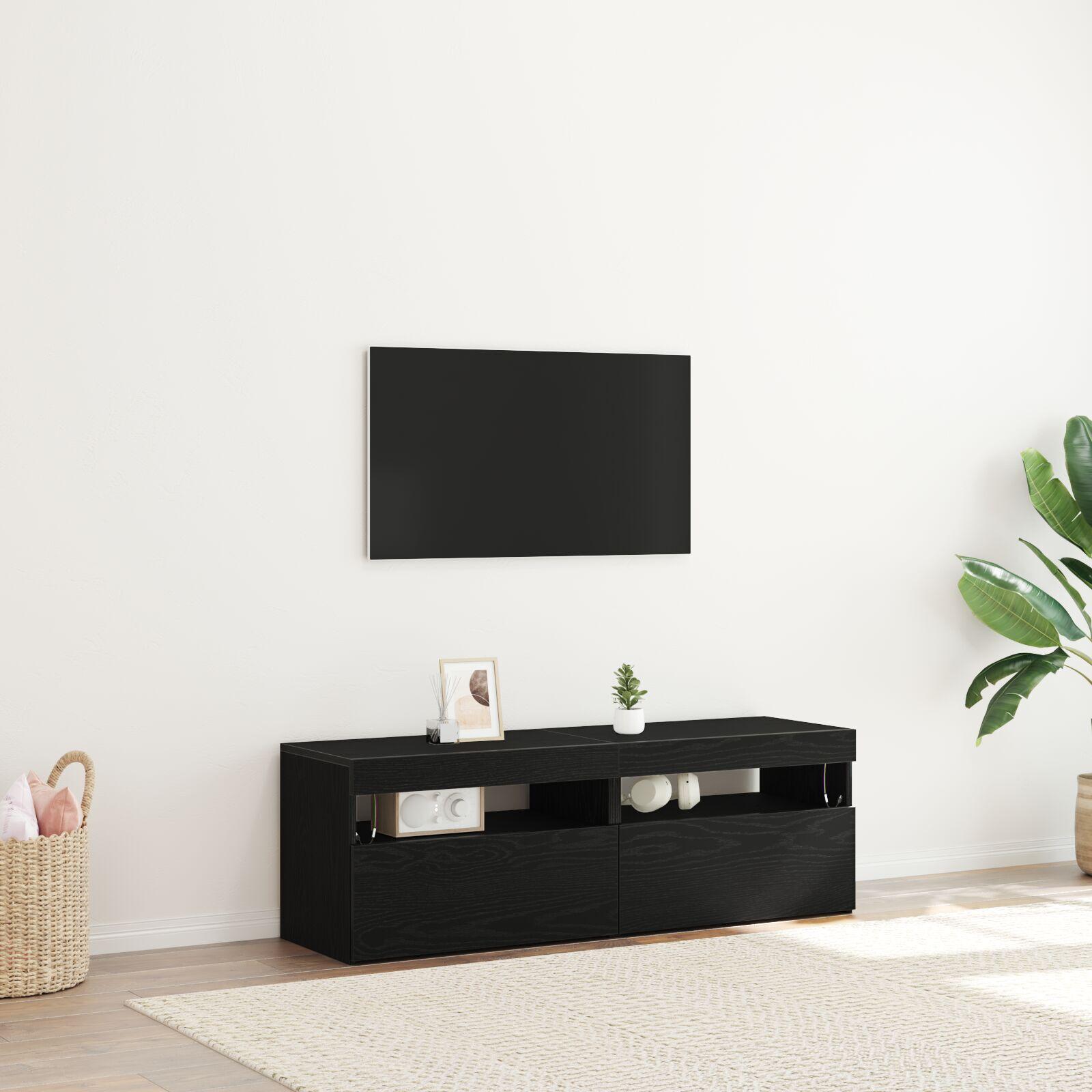 TV Skabe med LED Lys 2 stk Sort Egetræ 60x35x40 cm Konstrueret Træ