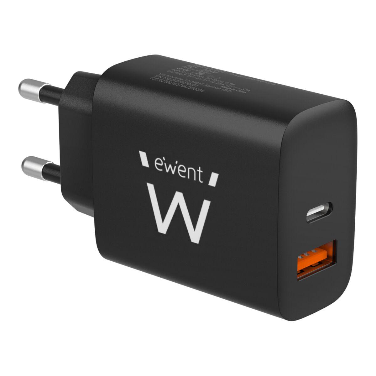 Ewent EW1319 vægoplader - sort, 20 W, USB‑C + USB