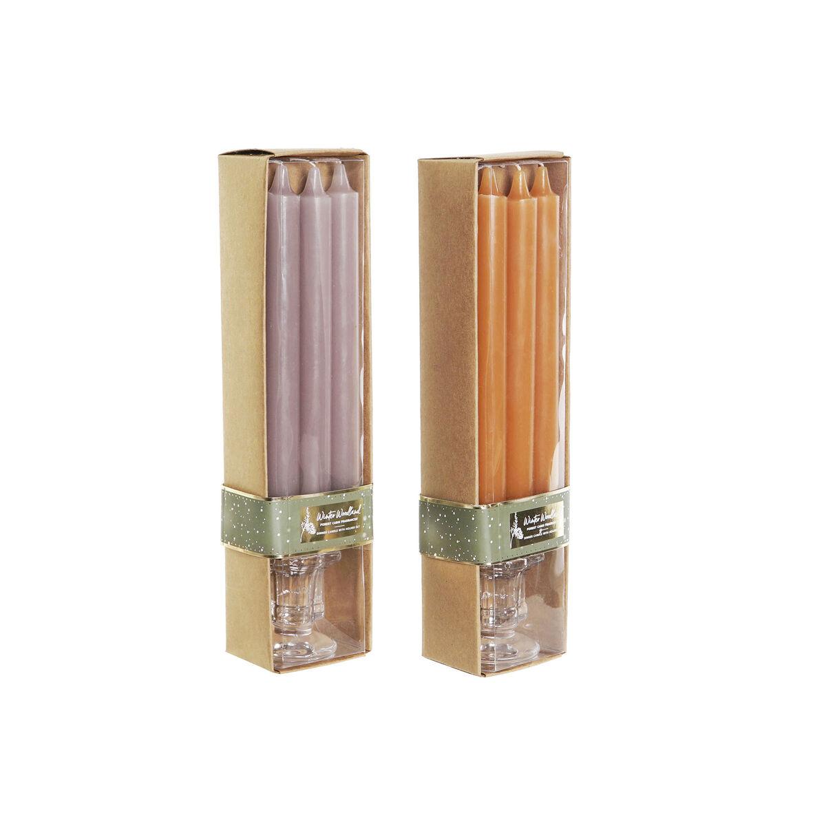 Lyssæt - grå/orange stearinlys m. lysestage, 2 x 2 x 20 cm (4 dele, 2 enheder)