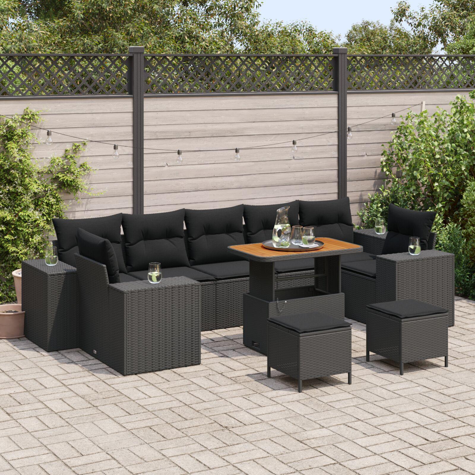 10 Stykke Have Sofa Set med Hynder Sort Poly Rattan Akacia,  3 Stykke Have Spisesæt med Hynder Sort Poly Rattan Akacia