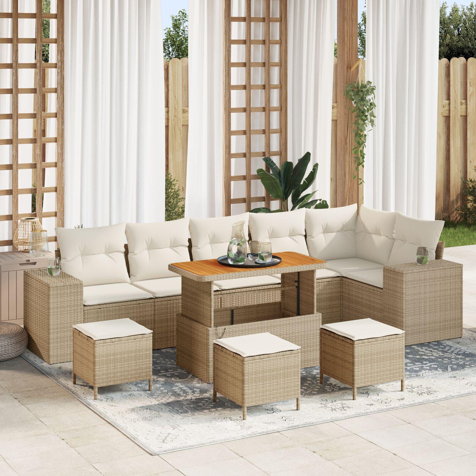 10 Styk Have Sofasæt med Puder Beige Poly Rattan Acacia,  4 Styk Have Spisesæt med Puder Beige Poly Rattan Acacia