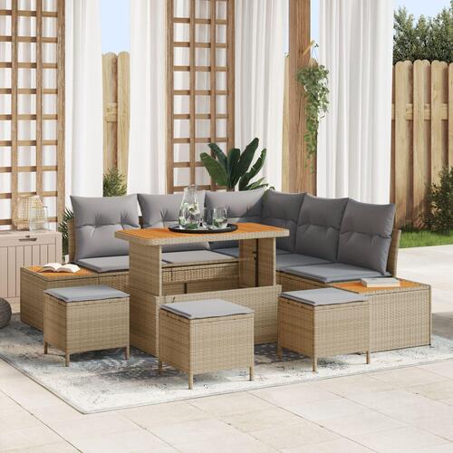 8 Delers Have Sofa Sæt med Puder Beige Poly Rattan Akacia, 3 Delers Have Spise Sæt med Puder Beige Poly Rattan Akacia