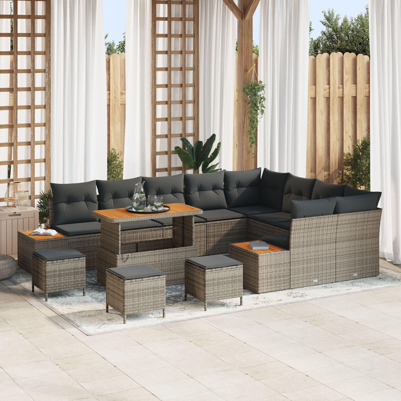 12 Piece Garden Sofa Set with Cushions Grey Poly Rattan Acacia,  3 Piece Garden Dining Set with Cushions Grey Poly Rattan Acacia
