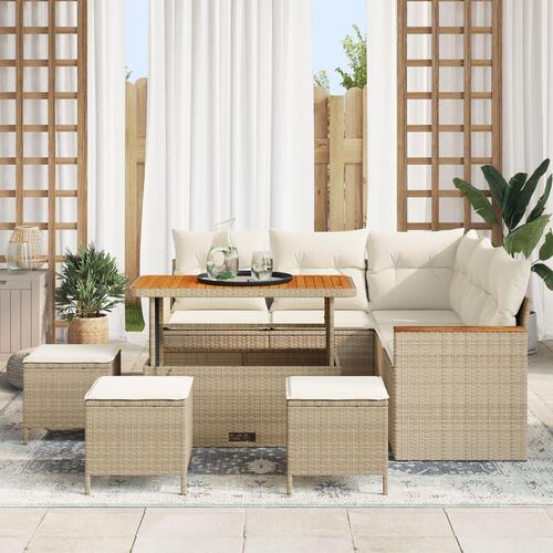 8 Deles Havemøbel Sæt med Puder Beige Poly Rattan Akacietræ, 3 Deles Havemøbel Spisesæt med Puder Beige Poly Rattan Akacietræ