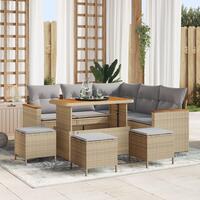 8 Delers Have Sofa Sæt med Puder Beige Poly Rattan Akacia, 3 Delers Have Spisesæt med Puder Beige Poly Rattan Akacia