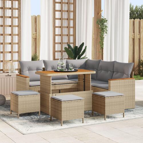 8 Delers Have Sofa Sæt med Puder Beige Poly Rattan Akacia, 3 Delers Have Spisesæt med Puder Beige Poly Rattan Akacia