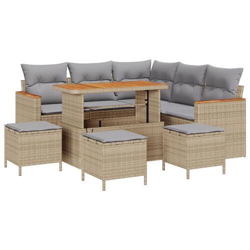 8 Delers Have Sofa Sæt med Puder Beige Poly Rattan Akacia, 3 Delers Have Spisesæt med Puder Beige Poly Rattan Akacia