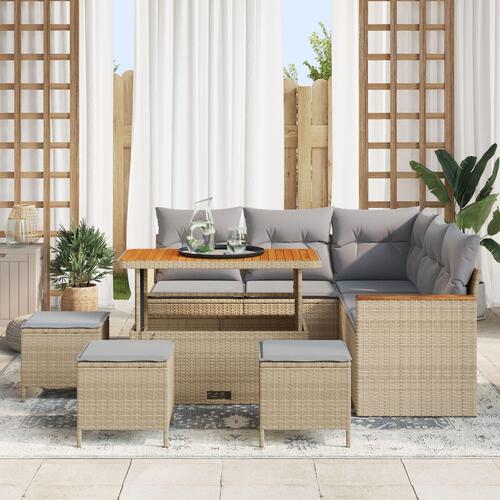 8 Delers Have Sofa Sæt med Puder Beige Poly Rattan Akacia, 3 Delers Have Spisesæt med Puder Beige Poly Rattan Akacia