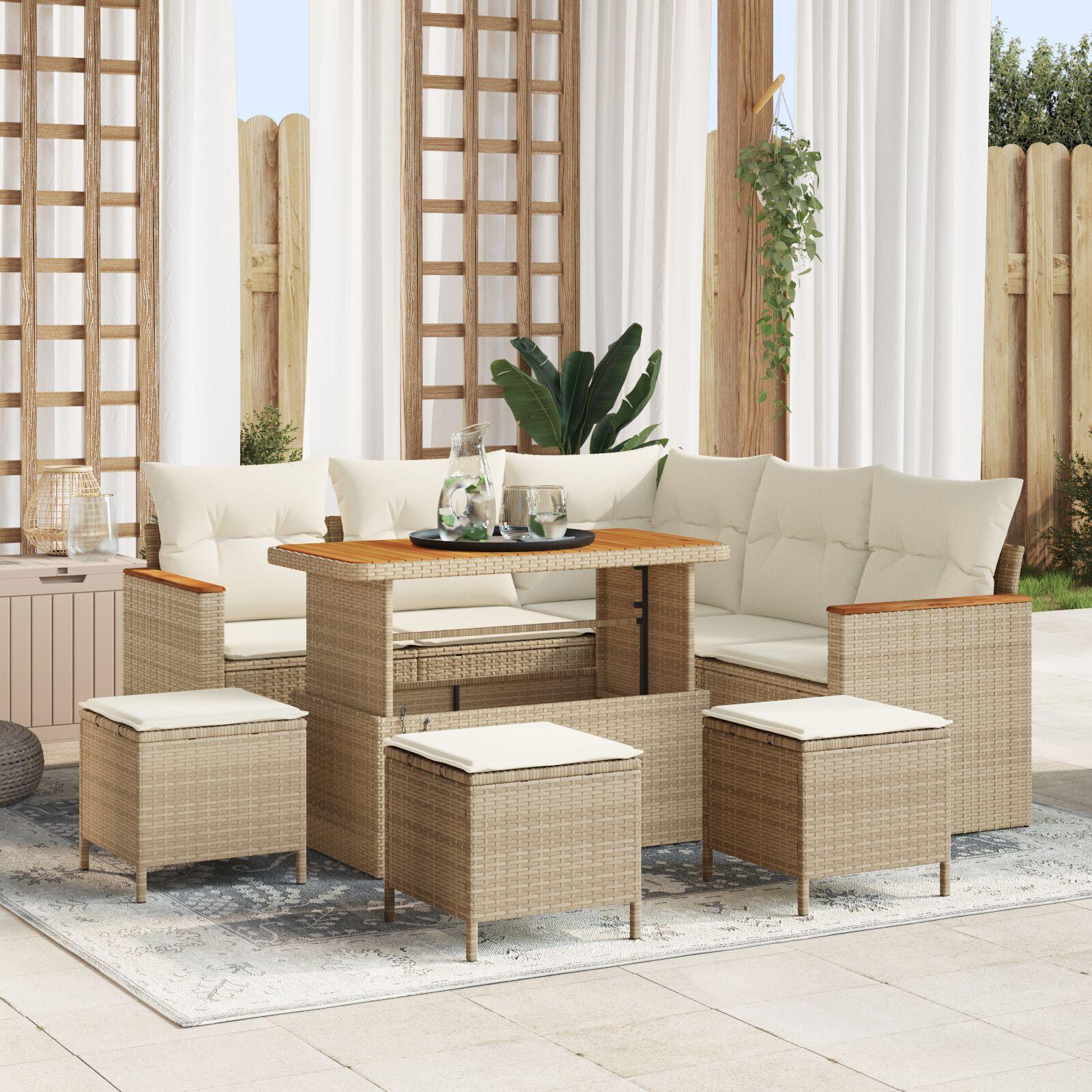 8 Dele Have Sofa Sæt med Puder Beige Poly Rattan Akacia,  3 Dele Have Dining Sæt med Puder Beige Poly Rattan Akacia