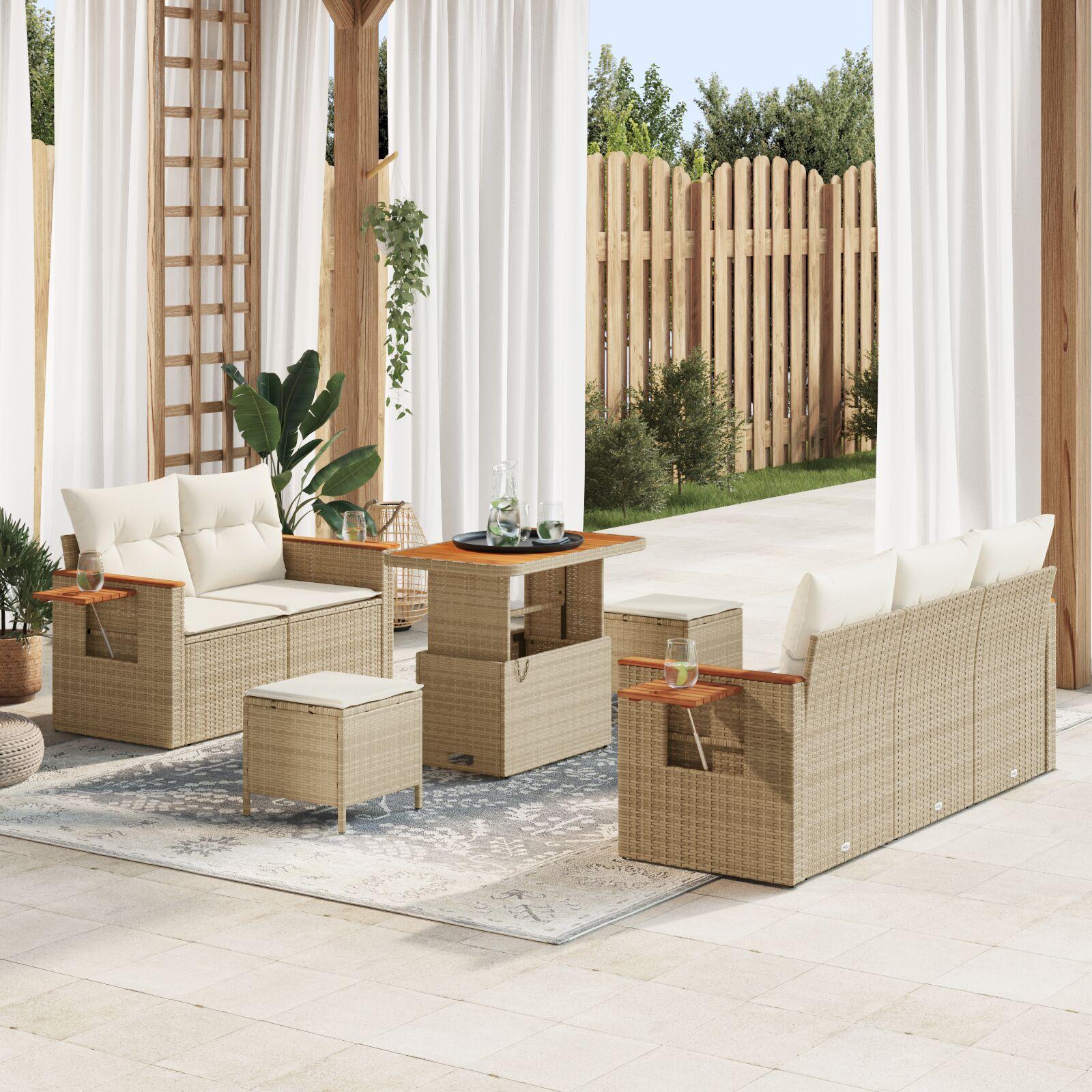 8 Piece Have Sofa Sæt med Puder Beige Poly Rattan Akacia,  3 Piece Have Spisesæt med Puder Beige Poly Rattan Akacia