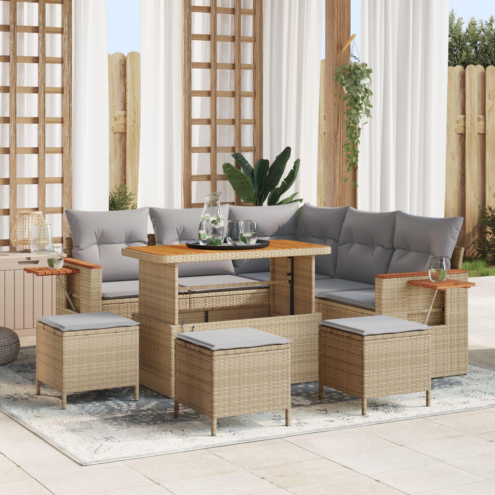 8-Personers Have Sofa Set med Puder Beige Poly Rattan Akacie,  3-Personers Have Spisesæt med Puder Beige Poly Rattan Akacie