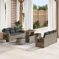 9-delers havemøbelsofa sæt med puder Grå Poly Rattan Akacie, 3-delers havemøbel spisebord sæt med puder Grå Poly Rattan Akacie