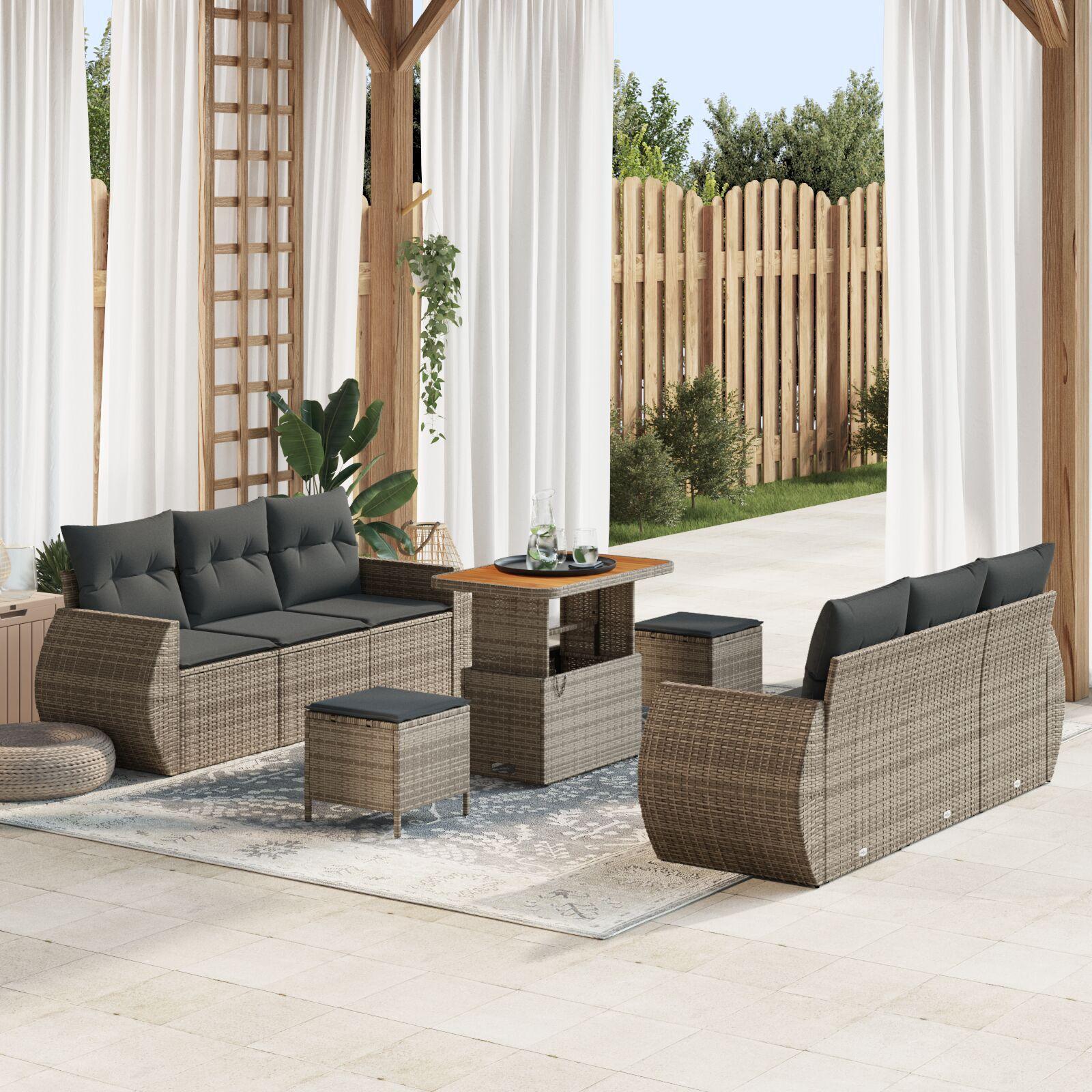 9 Piece Havesofa Sæt med Puder Grå Poly Rattan Acacia,  3 Piece Havedining Sæt med Puder Grå Poly Rattan Acacia