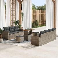 10 Stykker Havemøbel Sofa Sæt med Puder Grå Poly Rattan Akacie, 3 Stykker Havemøbel Dining Sæt med Puder Grå Poly Rattan Akacie