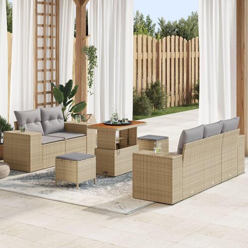 8-delers havesofa sæt med puder beige poly rattan akacietræ, 3-delers have spise sæt med puder beige poly rattan akacietræ