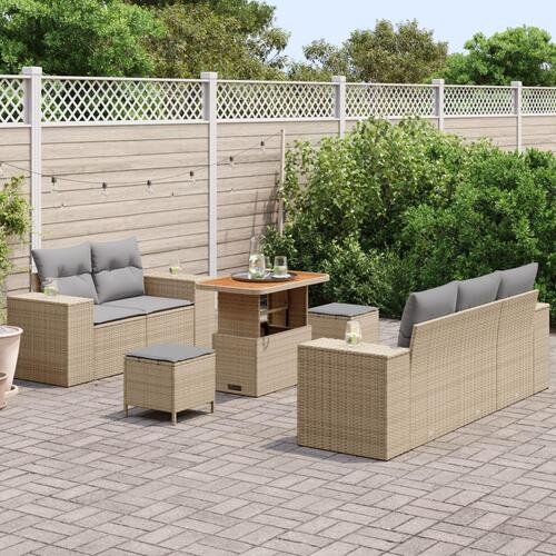 8-delers havesofa sæt med puder beige poly rattan akacietræ, 3-delers have spise sæt med puder beige poly rattan akacietræ