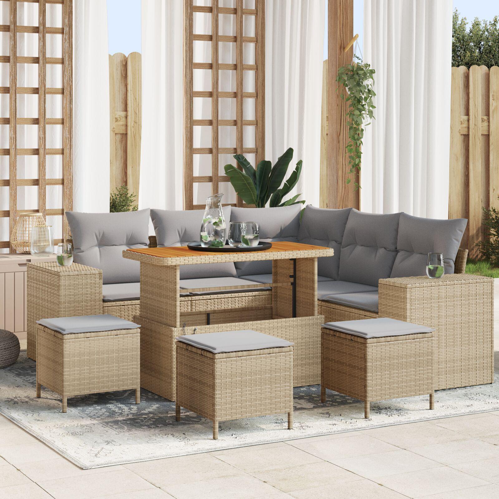 8 delers havensofa sæt med puder beige poly rattan akacia, 3 delers havemiddags sæt med puder beige poly rattan akacia