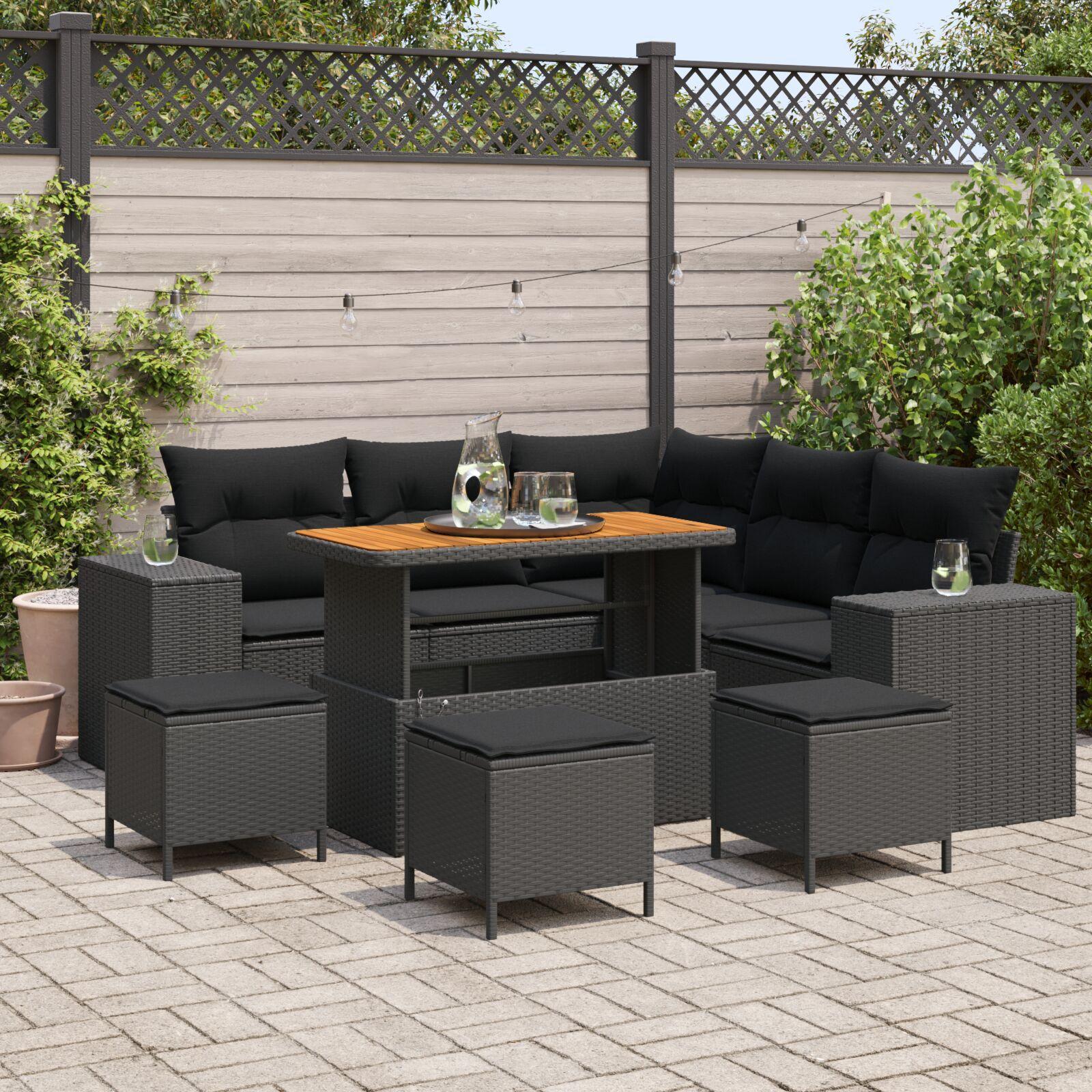 9 Delt Have Sofa Sæt med Puder Sort Poly Rattan Acacia, 4 Delt Have Spisesæt med Puder Sort Poly Rattan Acacia