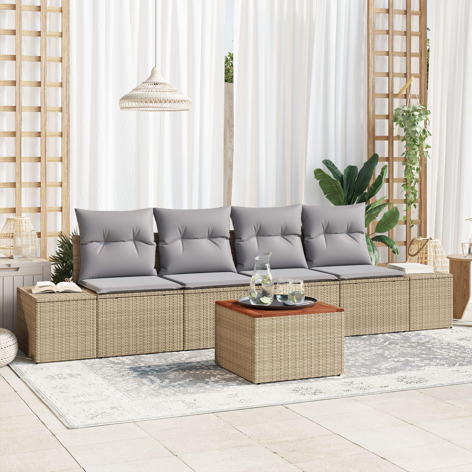 5 Delt Have Sofa Set med Hynder Beige Poly Rattan Akacietræ