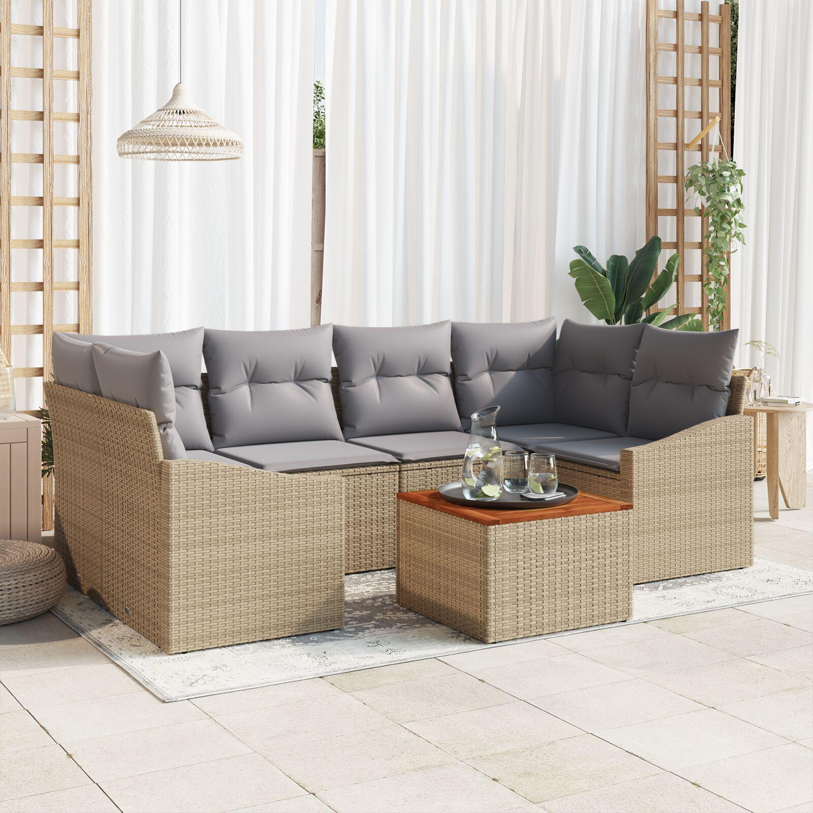 7-delers have sofa sæt med puder beige poly rattan akacie