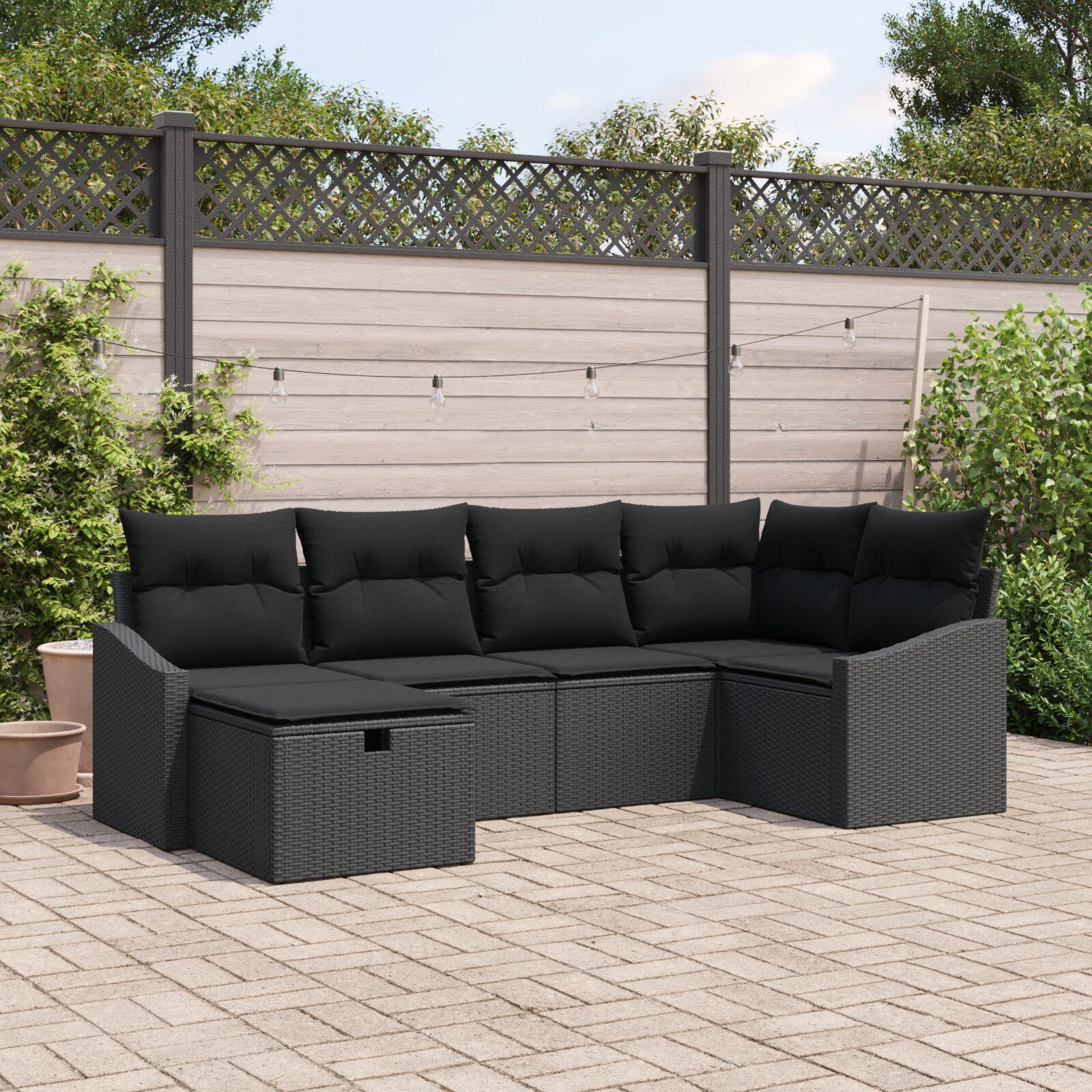 Havemøbelsæt sofa med opbevaring 6 dele i sort polyrattan