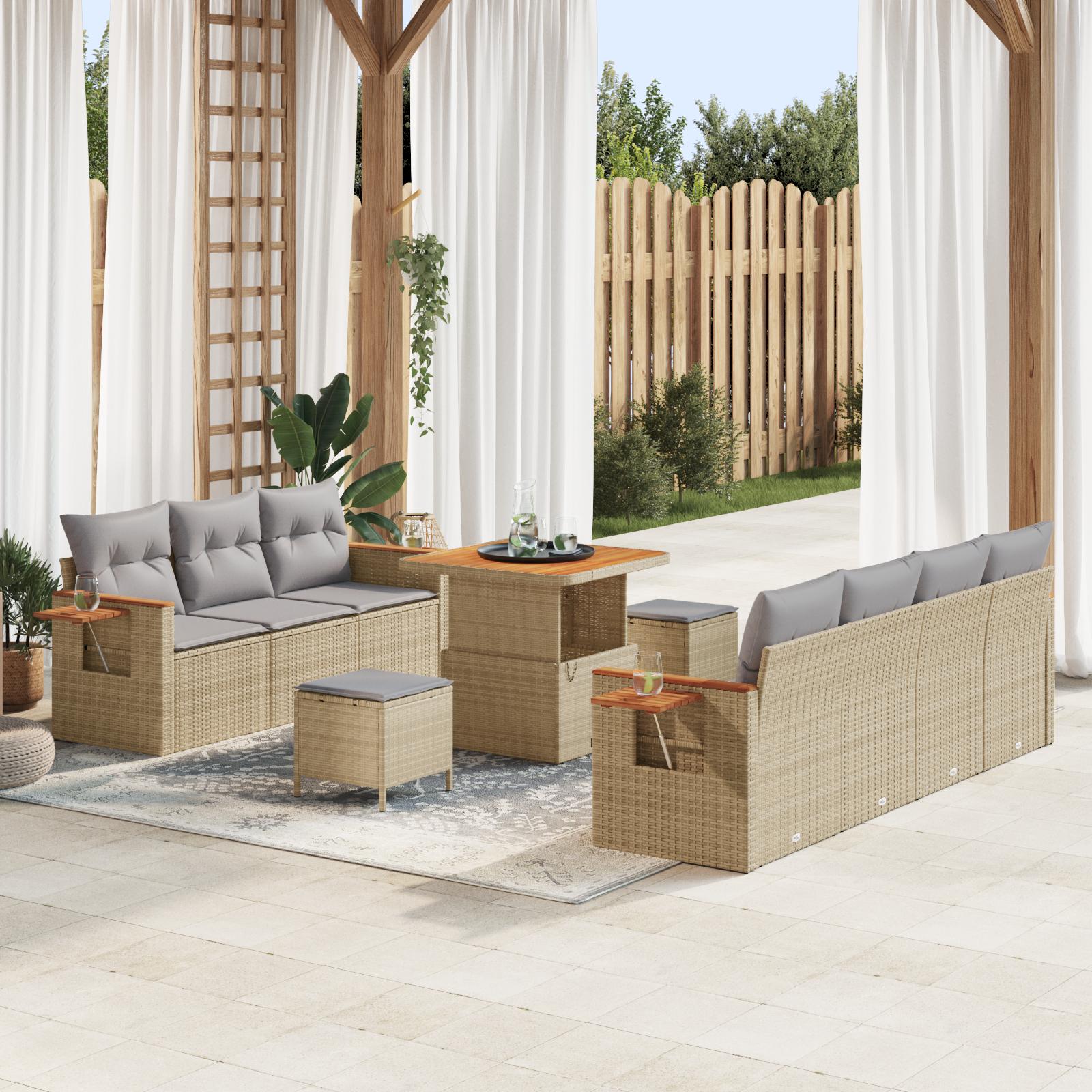 10 Stykke Have Sofa Set med Puder Beige Poly Rattan Acacia,  3 Stykke Have Spise Set med Puder Beige Poly Rattan Acacia