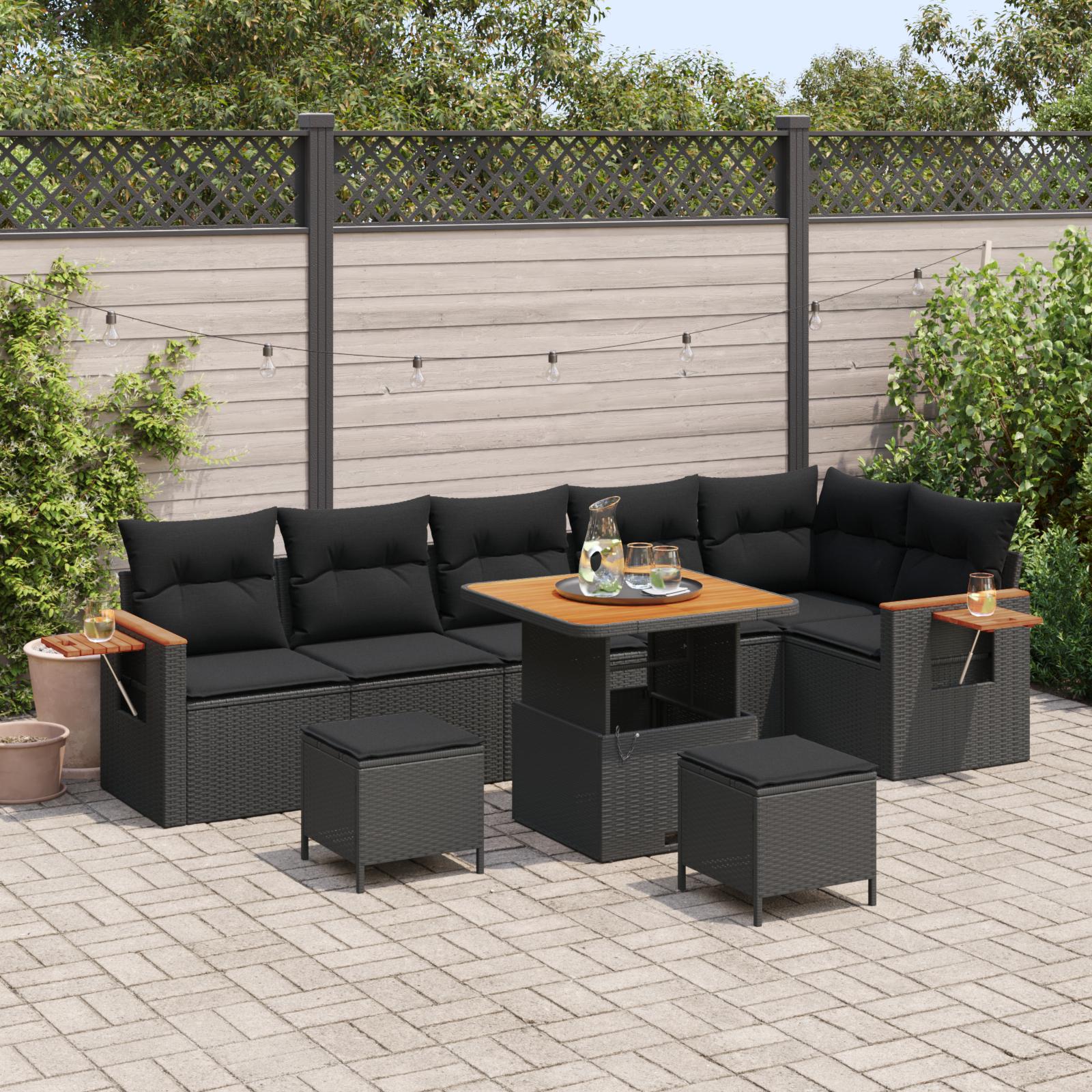 Modulær havesofa i sort polyrattan - 11 dele med puder og bord billede