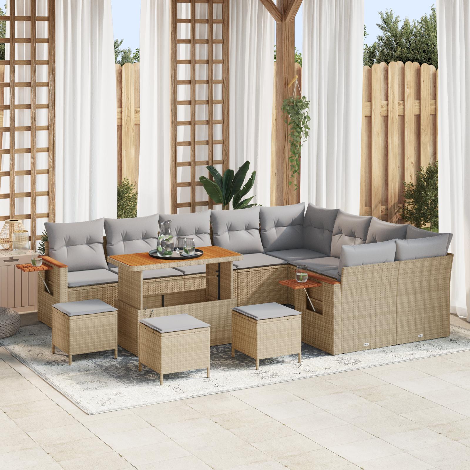 13 Stykker Have Sofa Set med Puder Beige Poly Rattan Akacia,  4 Stykker Have Spise Sæt med Puder Beige Poly Rattan Akacia
