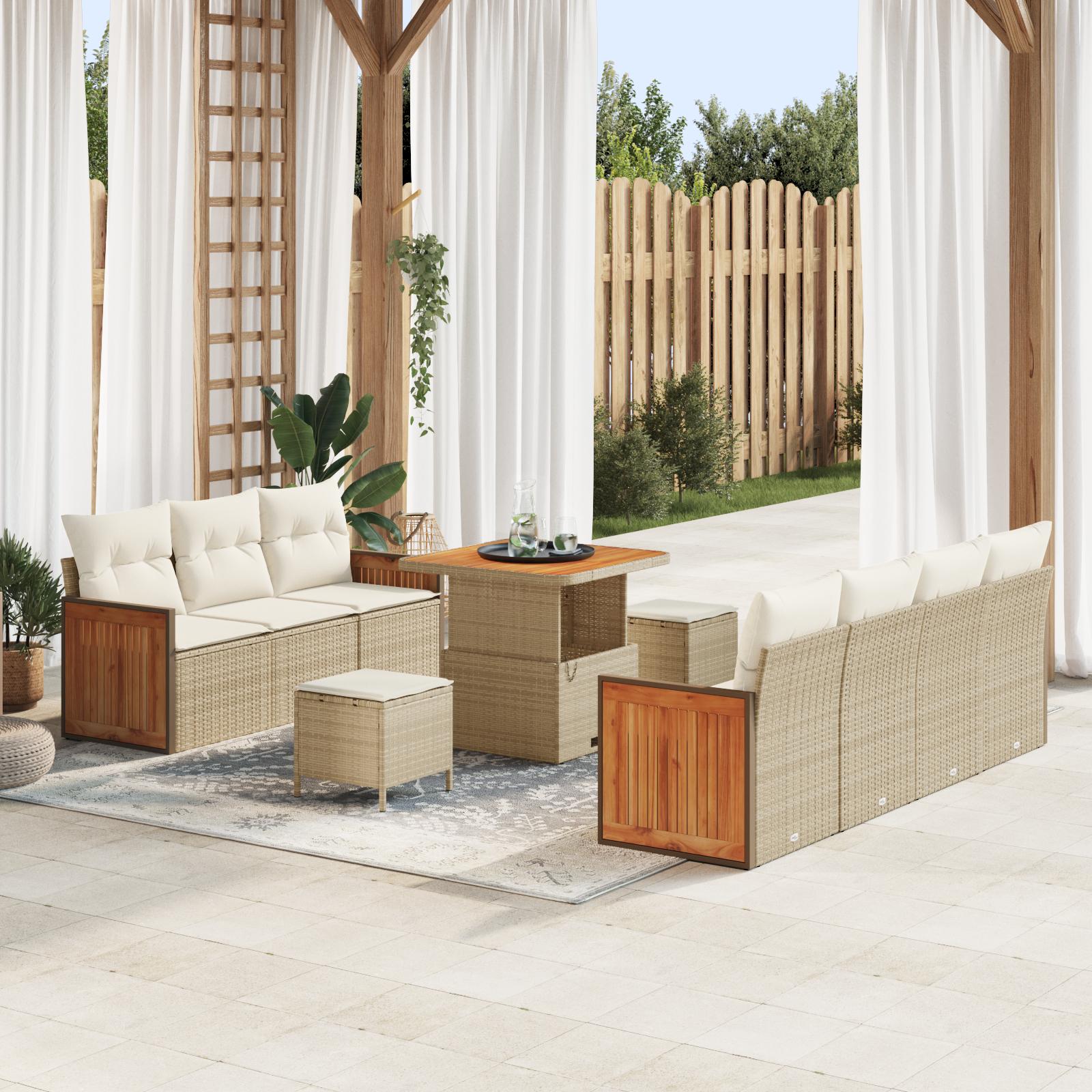 10 Deles Havesofa Set med Puder Beige Poly Rattan Akacietræ,  3 Deles Havespisestel med Puder Beige Poly Rattan Akacietræ