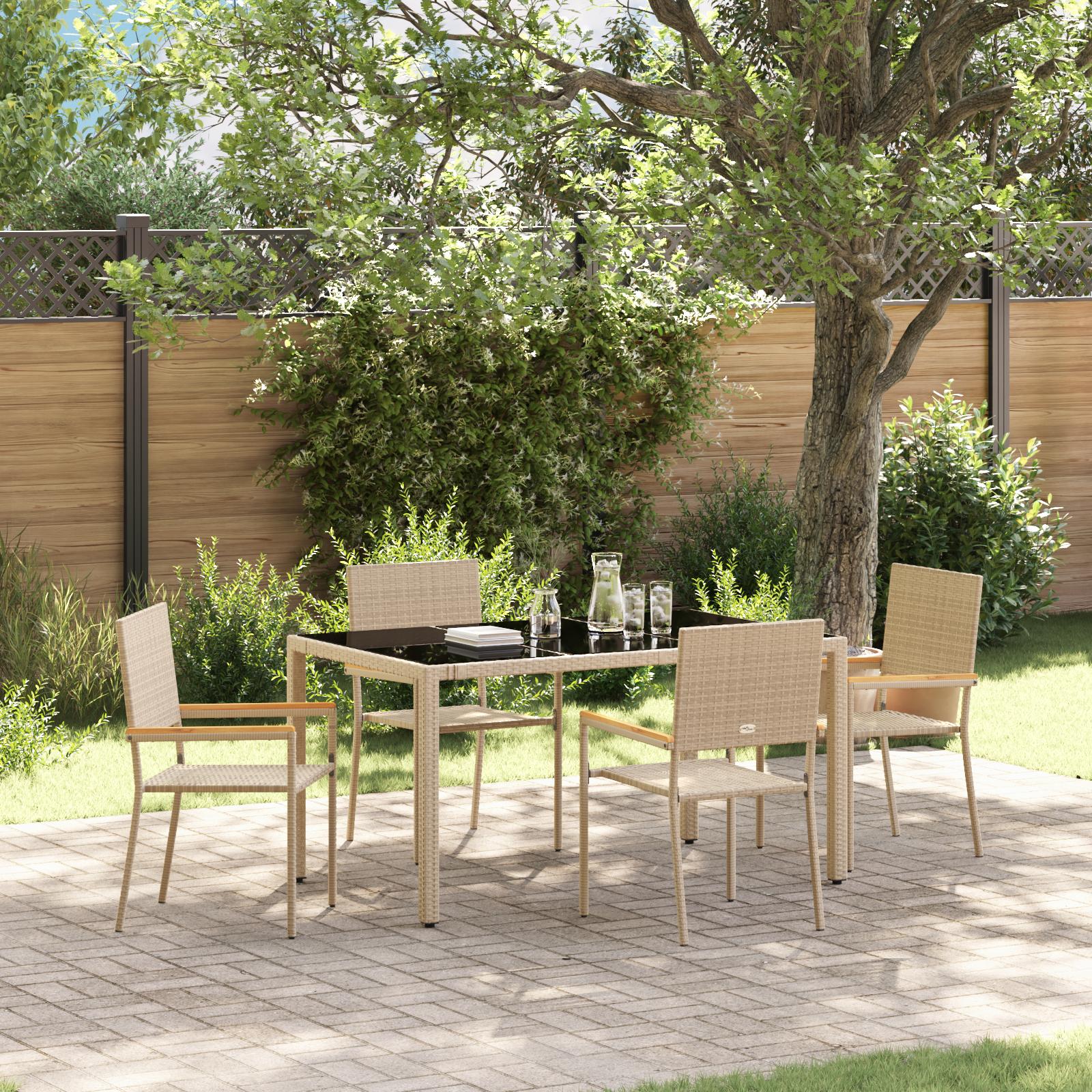 5-personers have spise sæt beige poly rattan,  stabelbare havestole med hynder 2 stk beige poly rattan