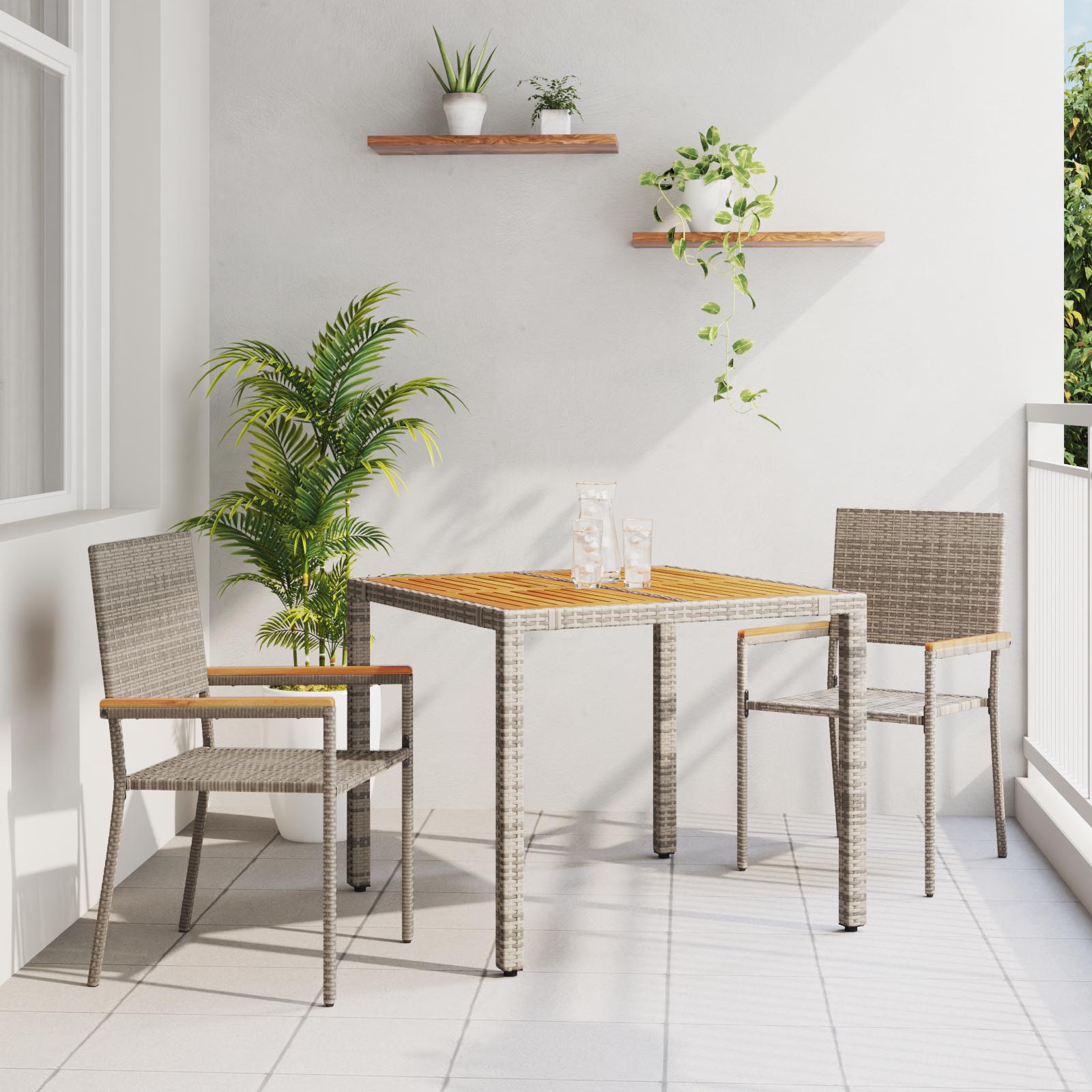 3-delt have spisebord sæt grå poly rattan, stablende havestole med puder 2 stk grå poly rattan