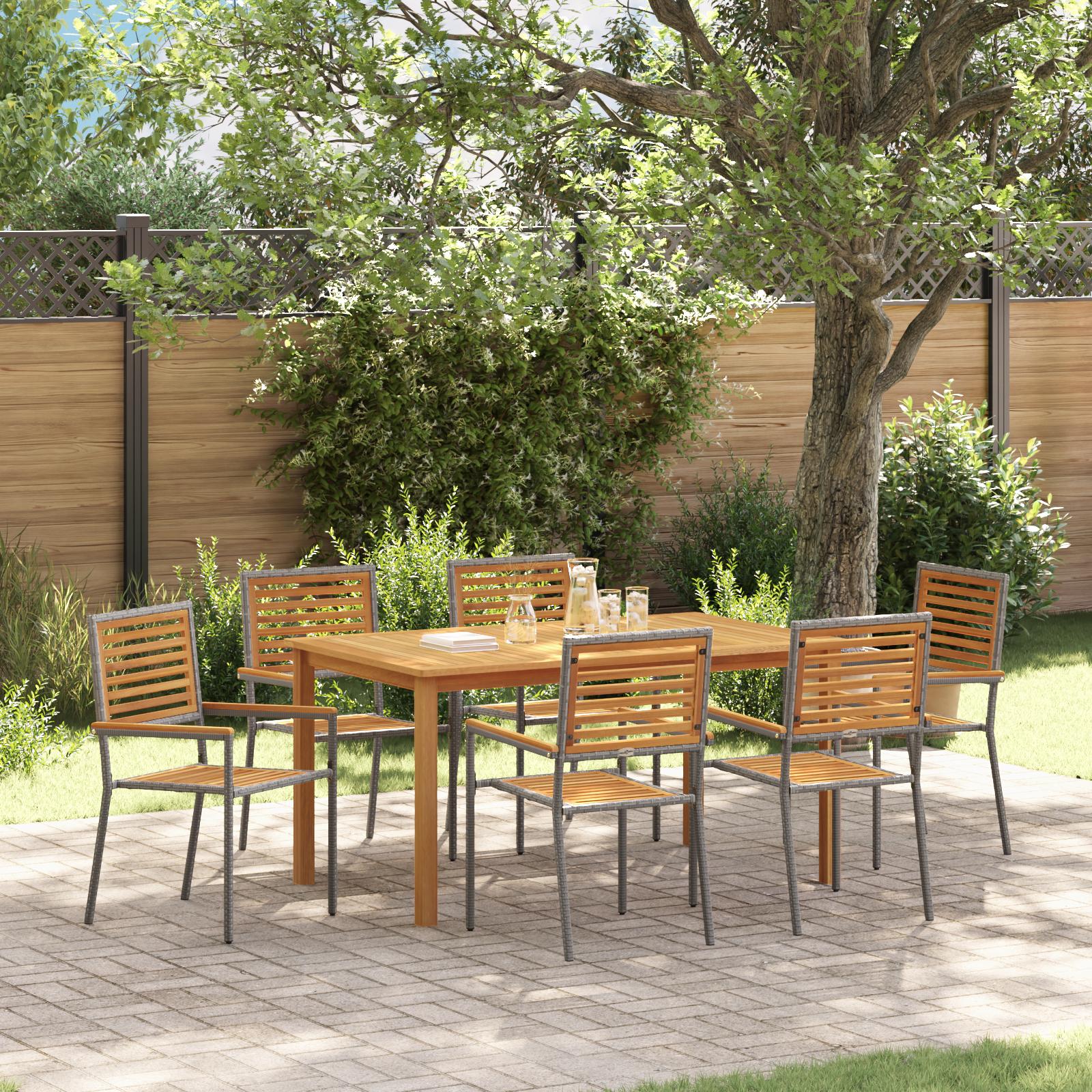 7-delt Have Spisesæt Grå Poly Rattan Akacietræ,  Stapelbare Stole med Puder 2 stk Grå Poly Rattan