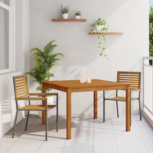 3 Styk Have spisebord Grå Poly Rattan Akacietræ, Stabelbare Have stole med puder 2 stk Grå Poly Rattan