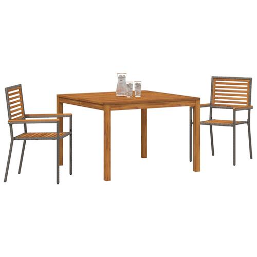 3 Styk Have spisebord Grå Poly Rattan Akacietræ, Stabelbare Have stole med puder 2 stk Grå Poly Rattan