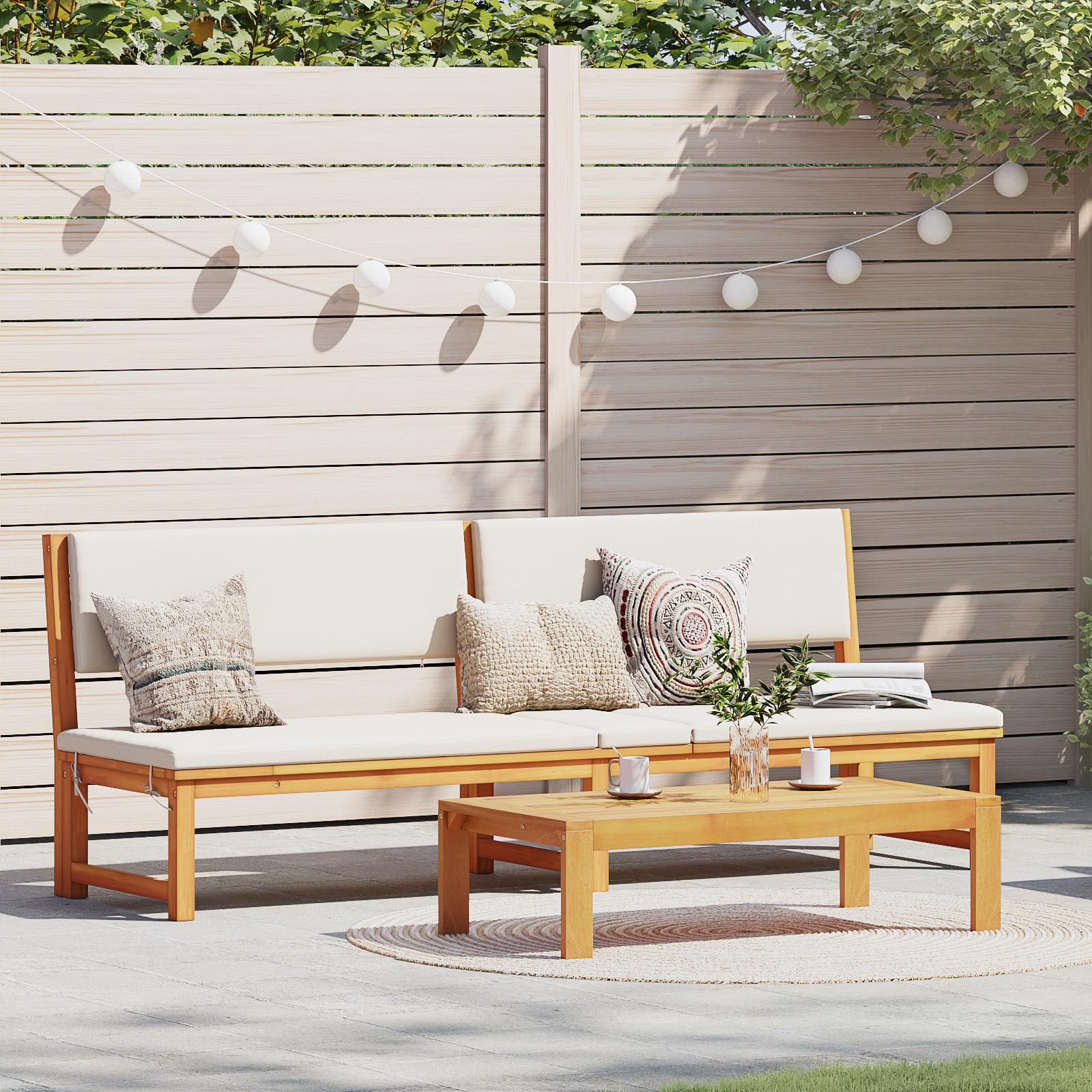 Solstol 3-i-1 med cremefarvede puder i solid akacietræ