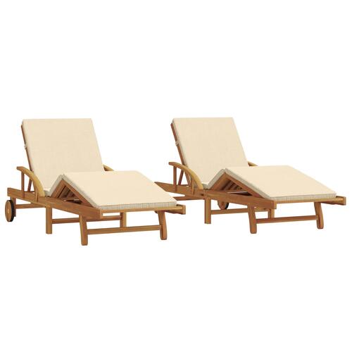 Solstole 2 stk med puder og hjul beige solidt akacietræ, foldestol med hjul og pude beige solidt akacietræ