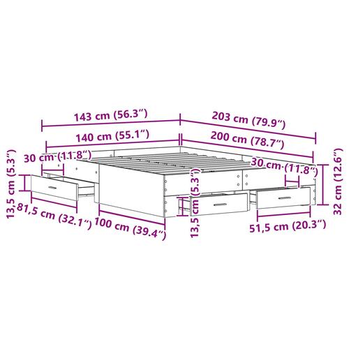 Sengeramme med skuffer Sort egetræ Konstrueret træ 140 x 200 cm