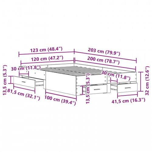 Seng med Skuffer Sort Eg 120x200 cm Konstrueret Træ