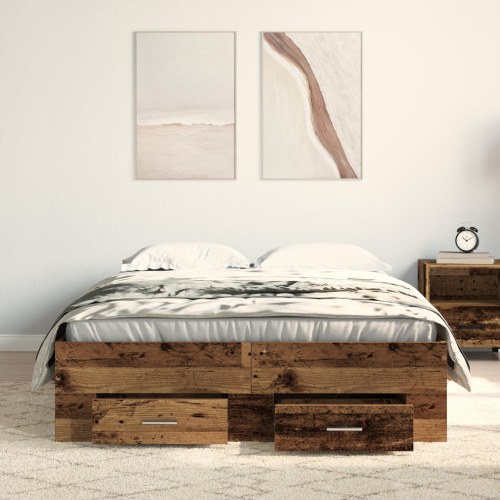 Senge ramme med skuffer i gammelt træ 120x190 cm konstrueret træ
